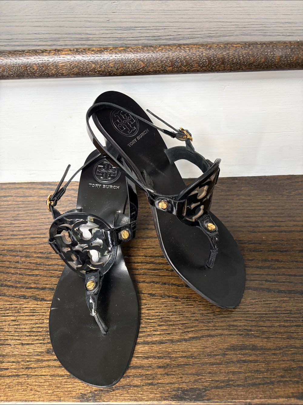 Tory Burch Sandals Black 100% Leather Holly Miller Heels 7 M